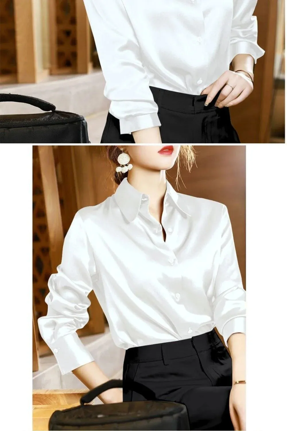 Brand Quality Luxury Women Shirt Elegant Office Button Up Long Sleeve Shirts Momi Silk Crepe Satin Blouses Business Ladies Top