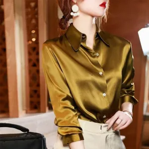 Brand Quality Luxury Women Shirt Elegant Office Button Up Long Sleeve Shirts Momi Silk Crepe Satin Blouses Business Ladies Top