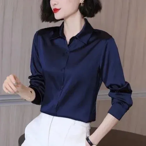 Brand Quality Luxury Women Shirt Elegant Office Button Up Long Sleeve Shirts Momi Silk Crepe Satin Blouses Business Ladies Top