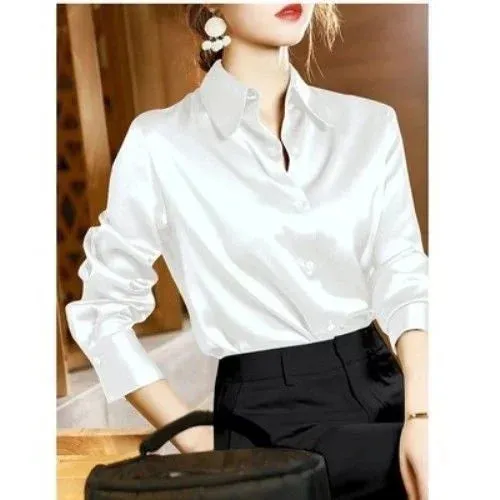 Brand Quality Luxury Women Shirt Elegant Office Button Up Long Sleeve Shirts Momi Silk Crepe Satin Blouses Business Ladies Top