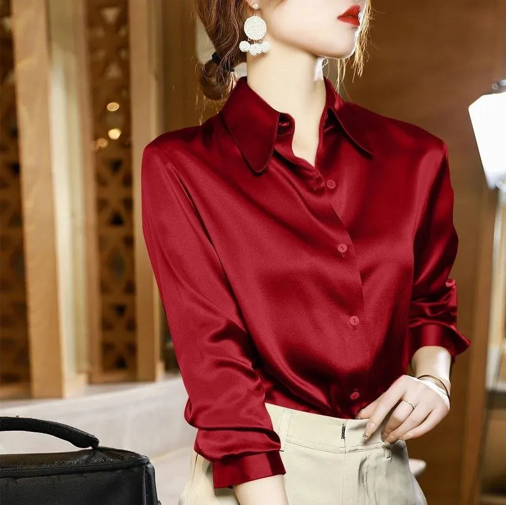 Brand Quality Luxury Women Shirt Elegant Office Button Up Long Sleeve Shirts Momi Silk Crepe Satin Blouses Business Ladies Top