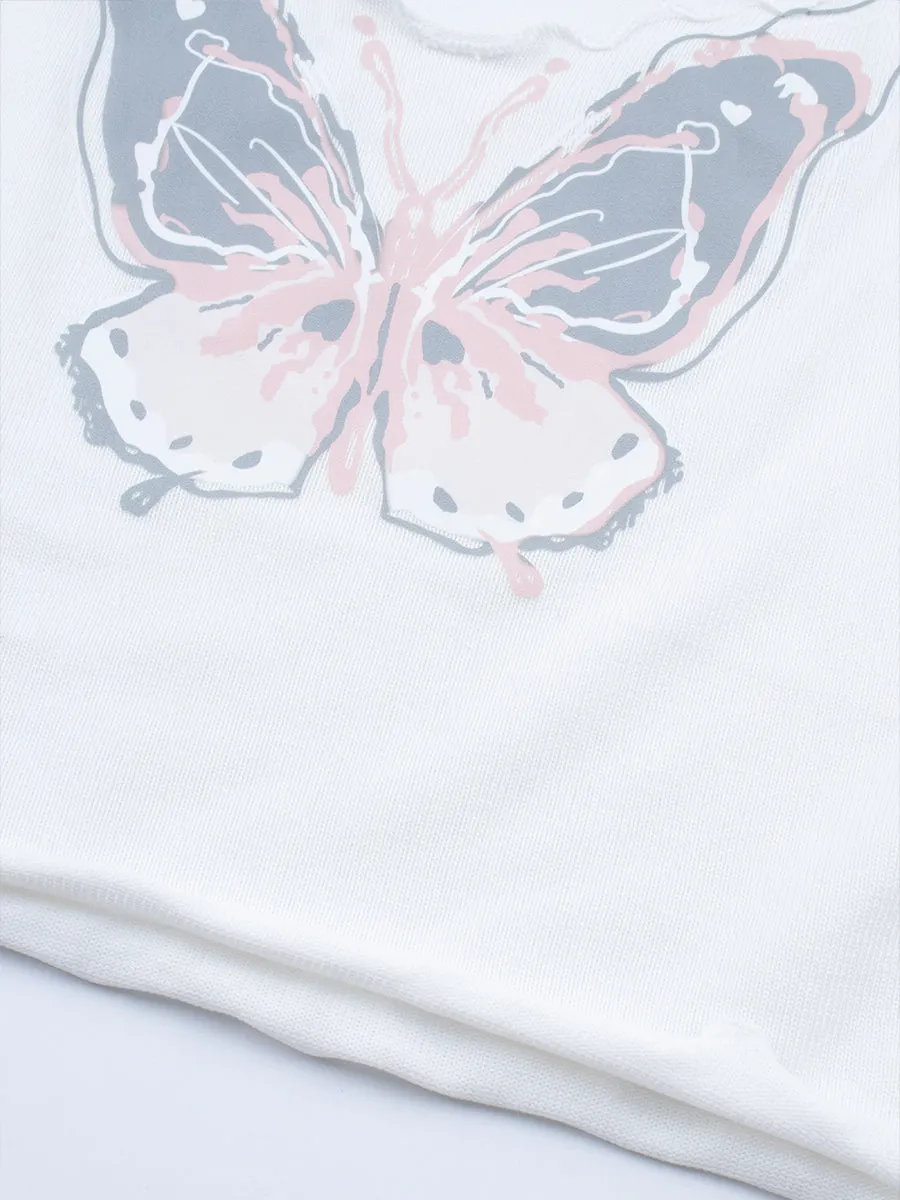Butterfly Print Short Sleeve Crop Top