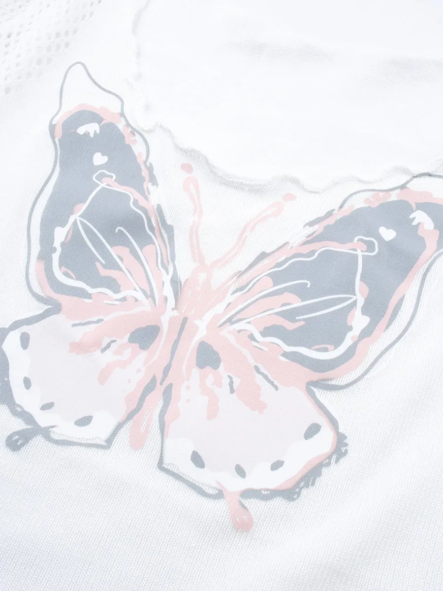 Butterfly Print Short Sleeve Crop Top