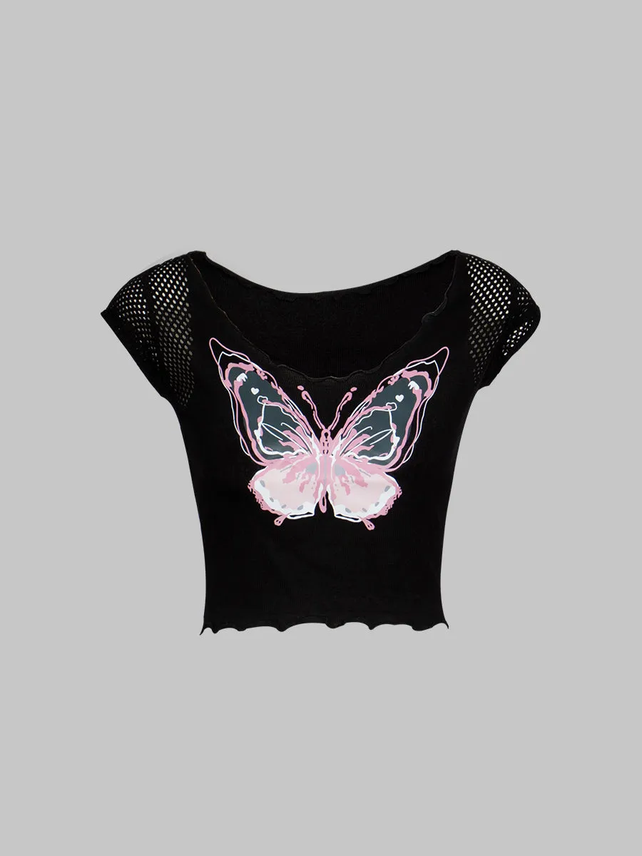 Butterfly Print Short Sleeve Crop Top