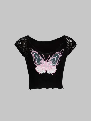 Butterfly Print Short Sleeve Crop Top