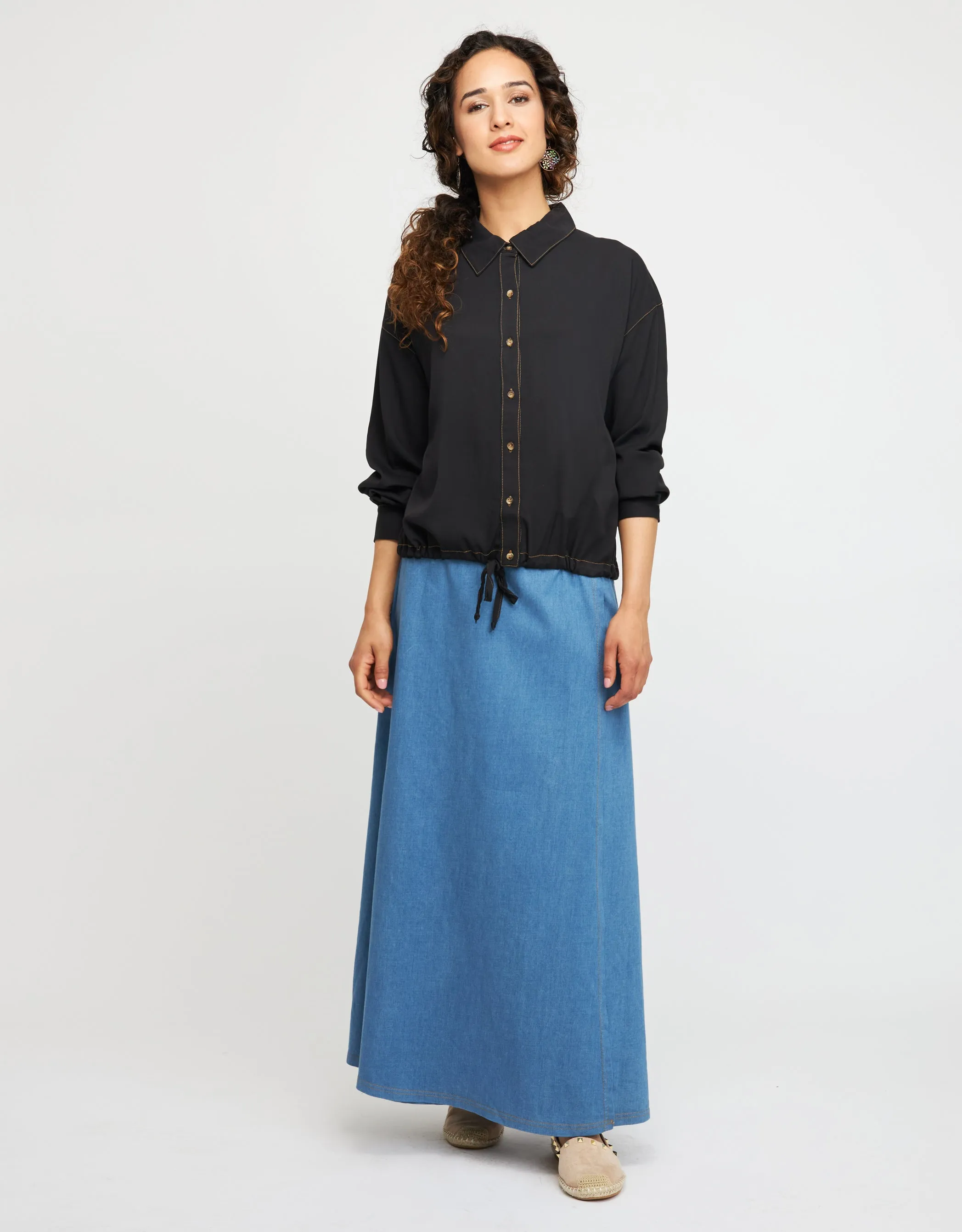 Button Down Drawstring Shirt Black