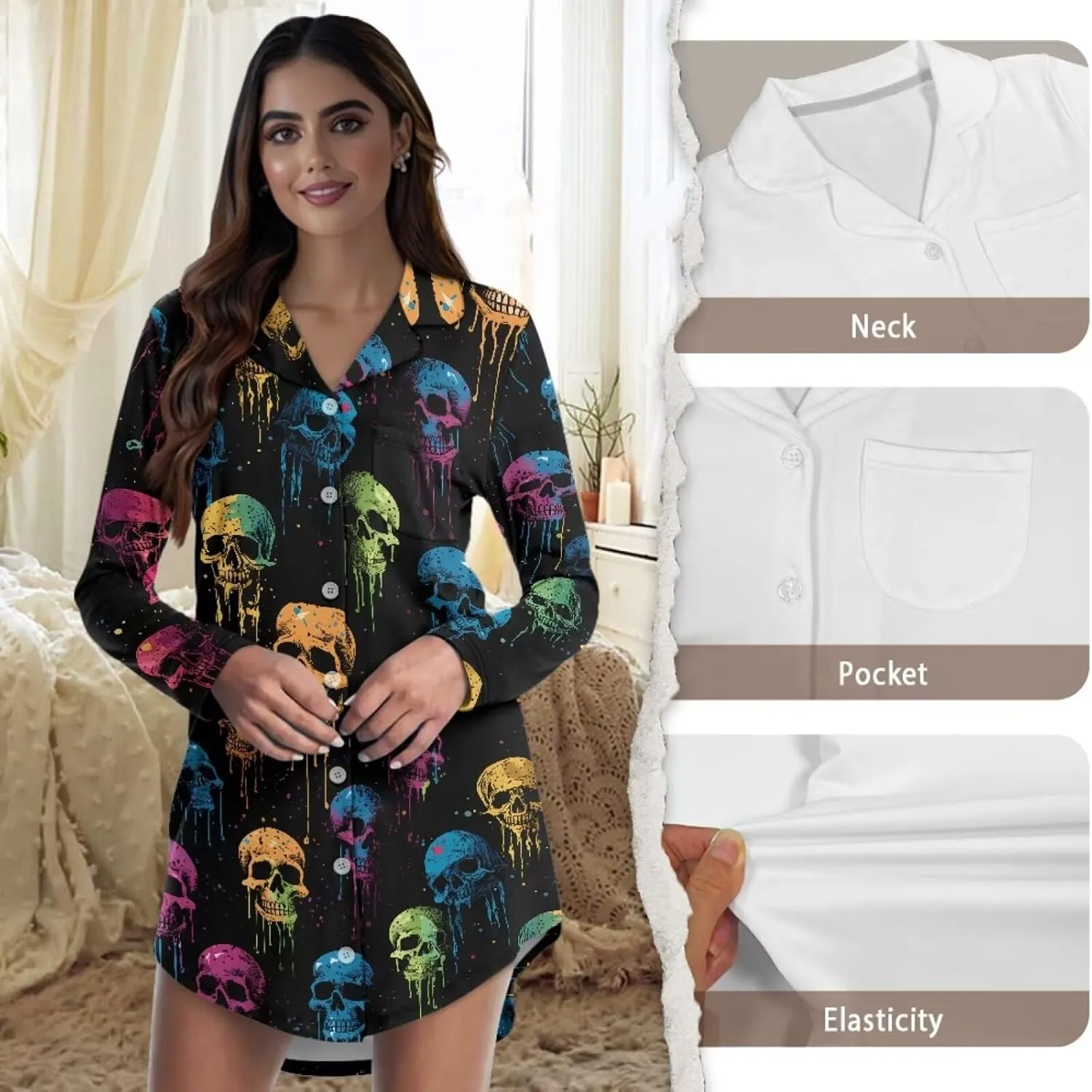 Button Up Nightshirts for Women V Neck Nightgowns Cute Cozy Sleep Dress Long Sleeve Sleep Shirt Lounge Wear