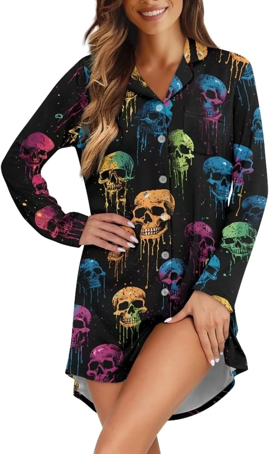 Button Up Nightshirts for Women V Neck Nightgowns Cute Cozy Sleep Dress Long Sleeve Sleep Shirt Lounge Wear