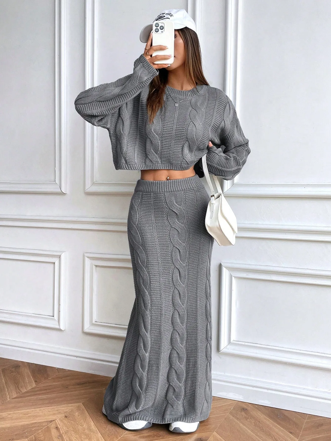 Cable Knit Loose Crop Top Sweater Skirt Set