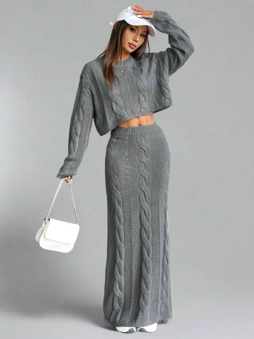 Cable Knit Loose Crop Top Sweater Skirt Set