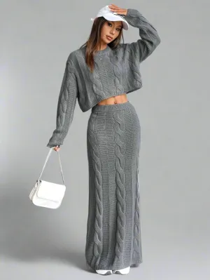 Cable Knit Loose Crop Top Sweater Skirt Set