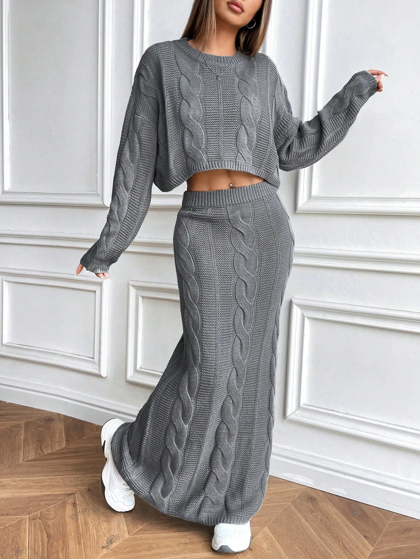 Cable Knit Loose Crop Top Sweater Skirt Set