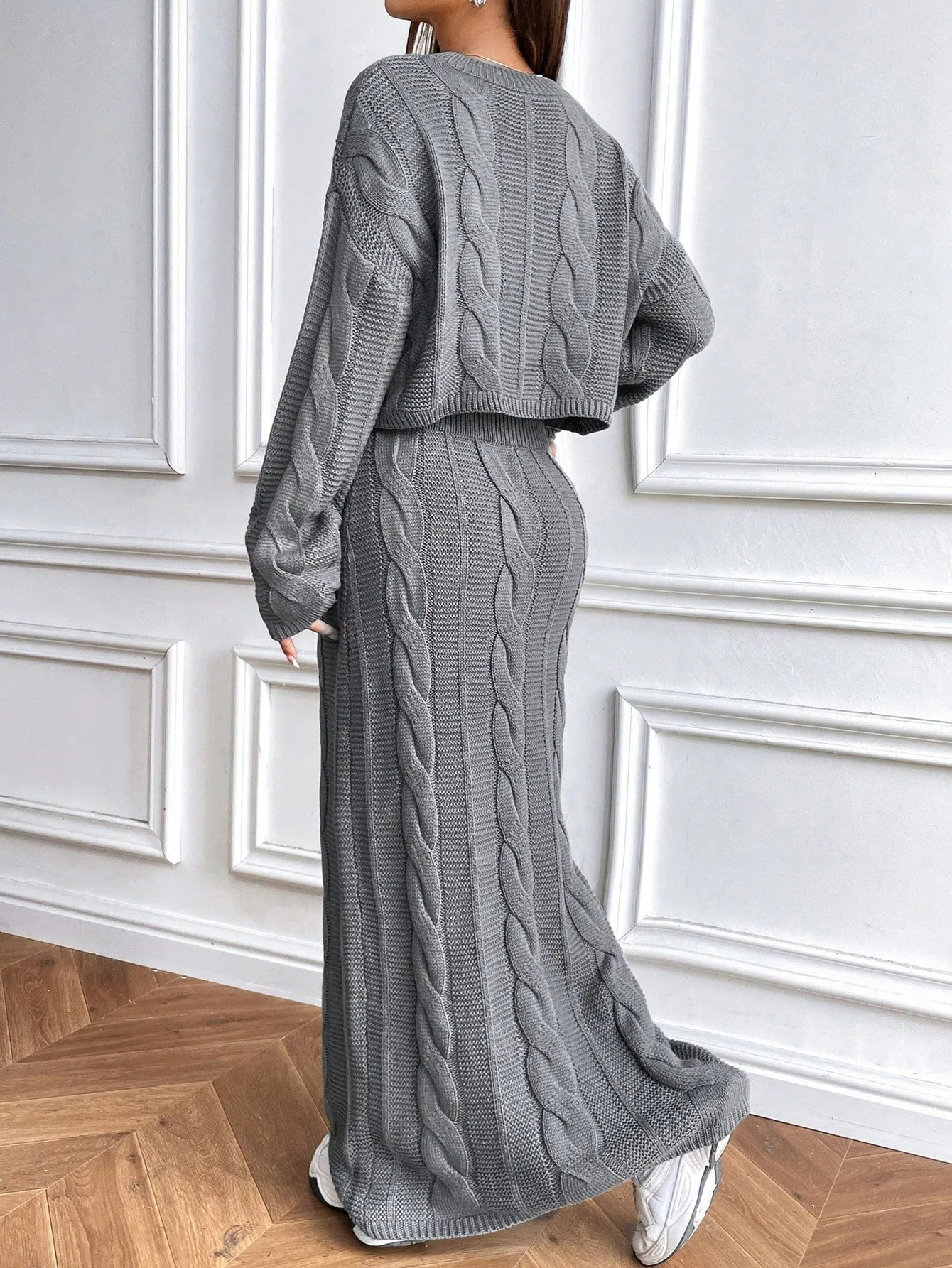 Cable Knit Loose Crop Top Sweater Skirt Set