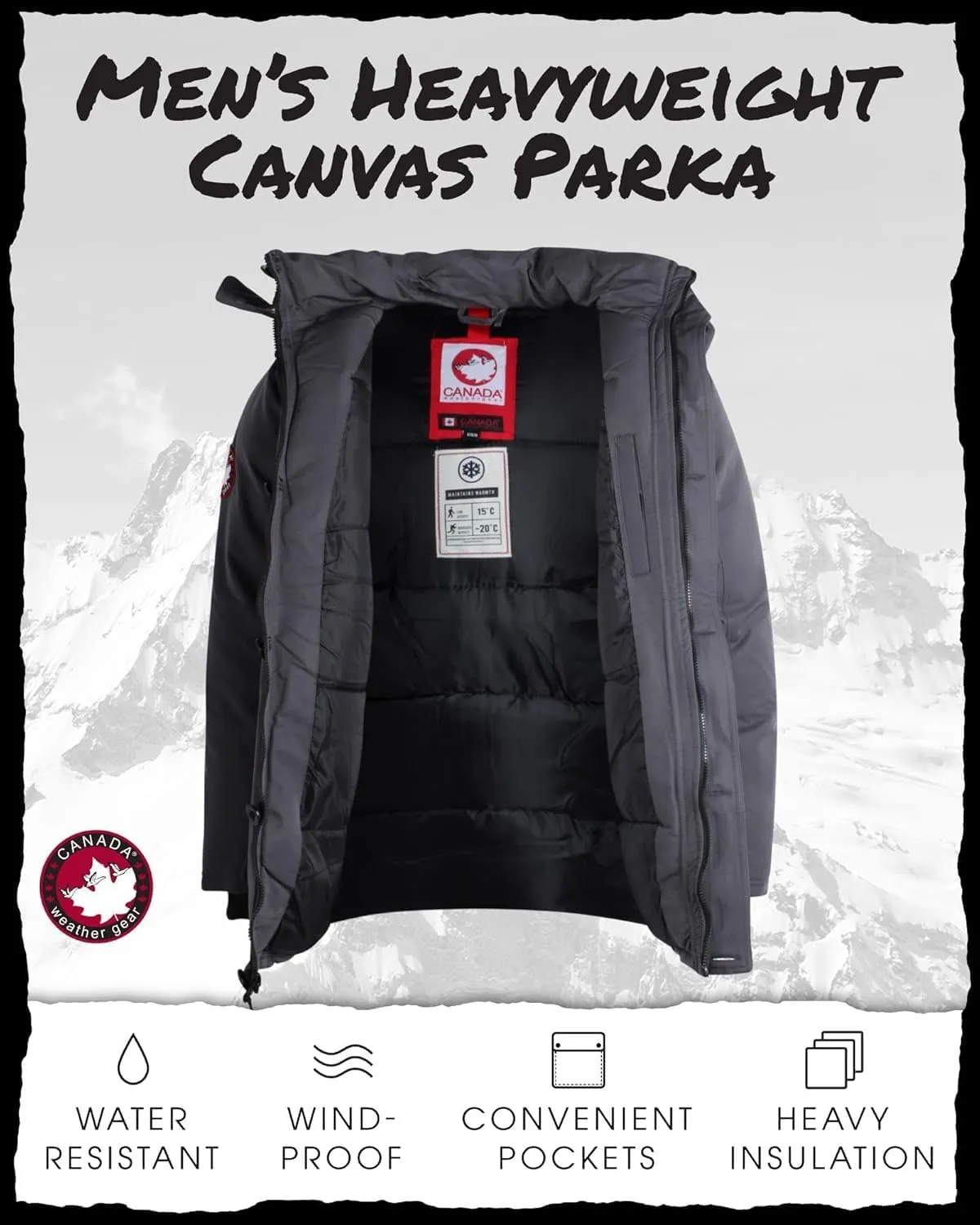 CANADA WEATHER GEAR Men's Winter Coat - Heavyweight Teflon Canvas Parka Jacket (M-XXL)