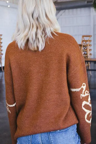 Carefree Cozy Knitted Mock Neck Floral Sweater