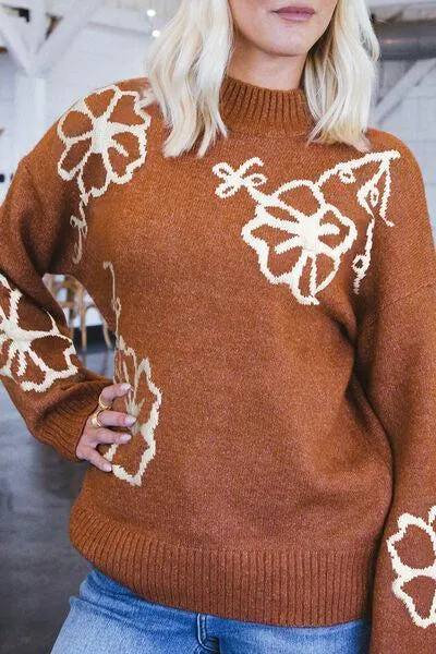 Carefree Cozy Knitted Mock Neck Floral Sweater