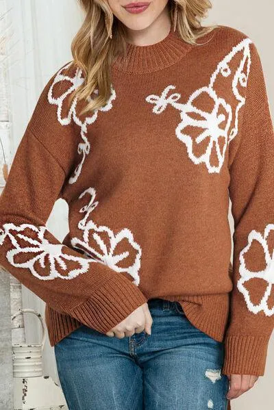 Carefree Cozy Knitted Mock Neck Floral Sweater