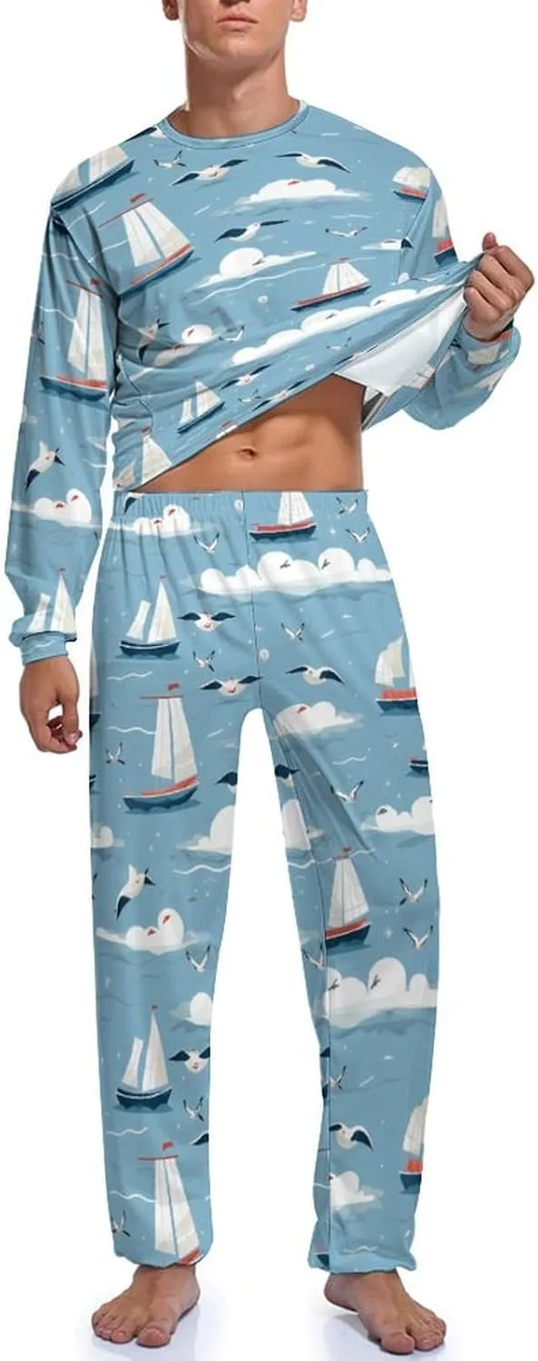Cartoon Sailing Boat Cute Seagulls Men's Pajama Set Long Sleeve Sleepwear Set Cozy Loungewear Sleep Sets