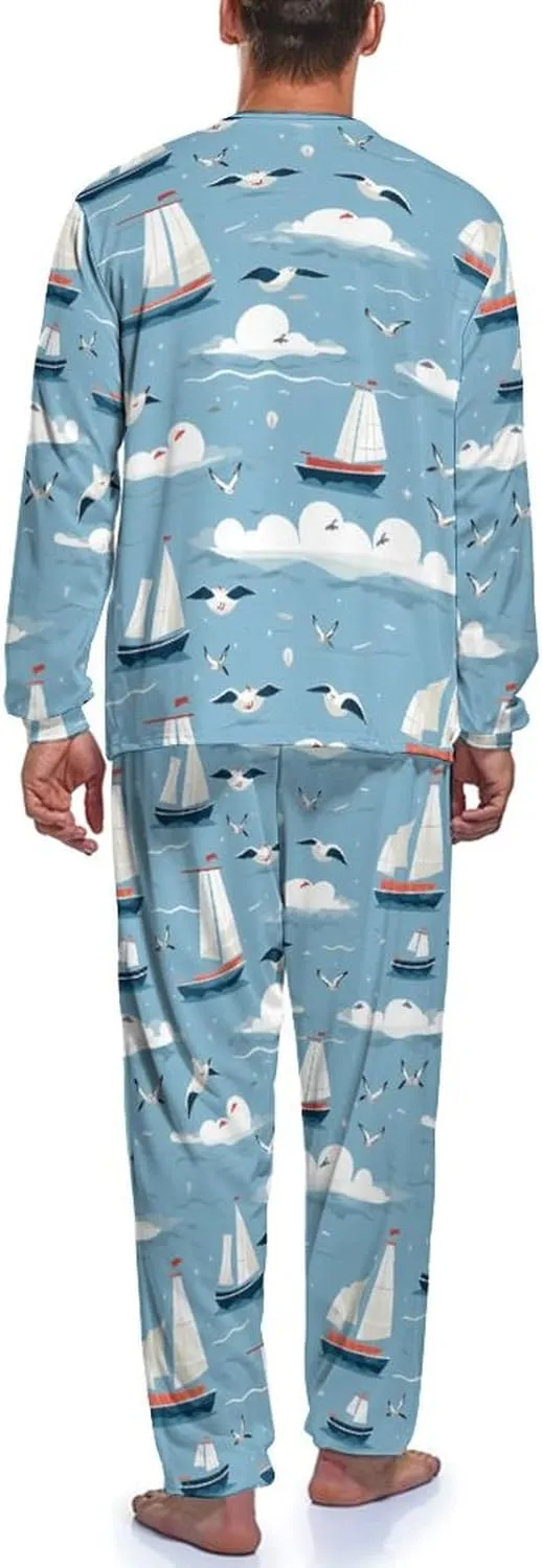 Cartoon Sailing Boat Cute Seagulls Men's Pajama Set Long Sleeve Sleepwear Set Cozy Loungewear Sleep Sets