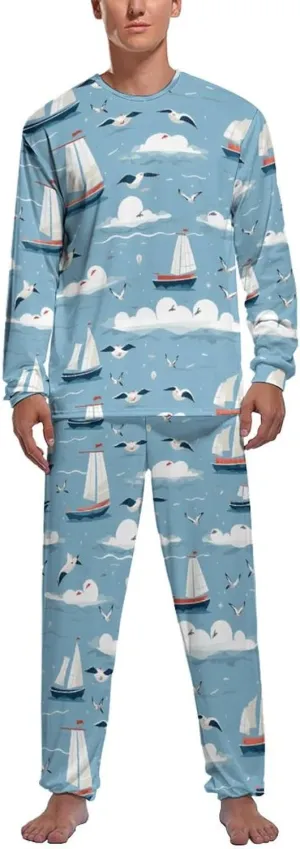 Cartoon Sailing Boat Cute Seagulls Men's Pajama Set Long Sleeve Sleepwear Set Cozy Loungewear Sleep Sets