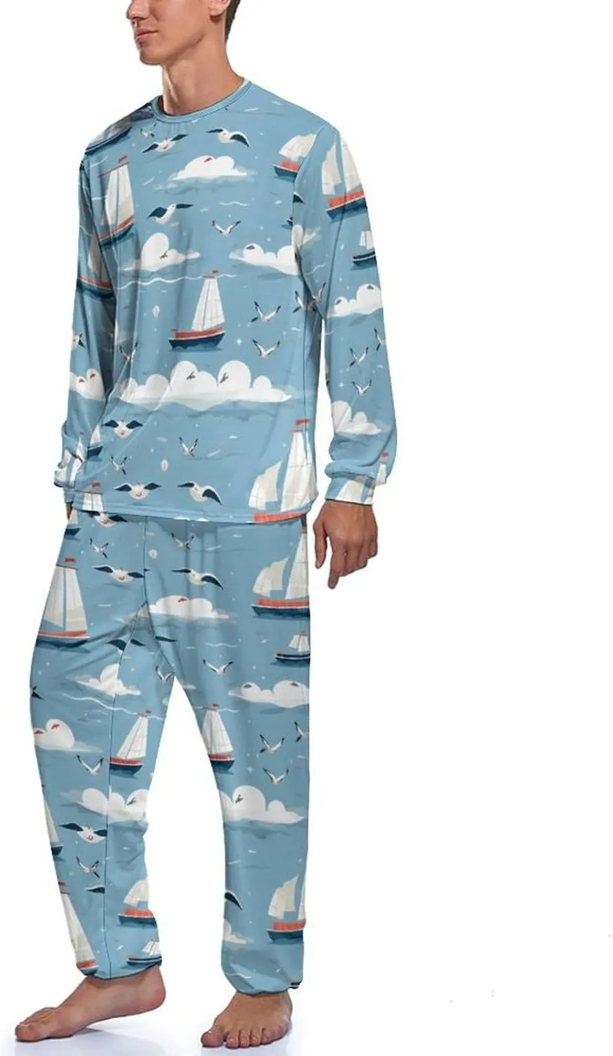 Cartoon Sailing Boat Cute Seagulls Men's Pajama Set Long Sleeve Sleepwear Set Cozy Loungewear Sleep Sets