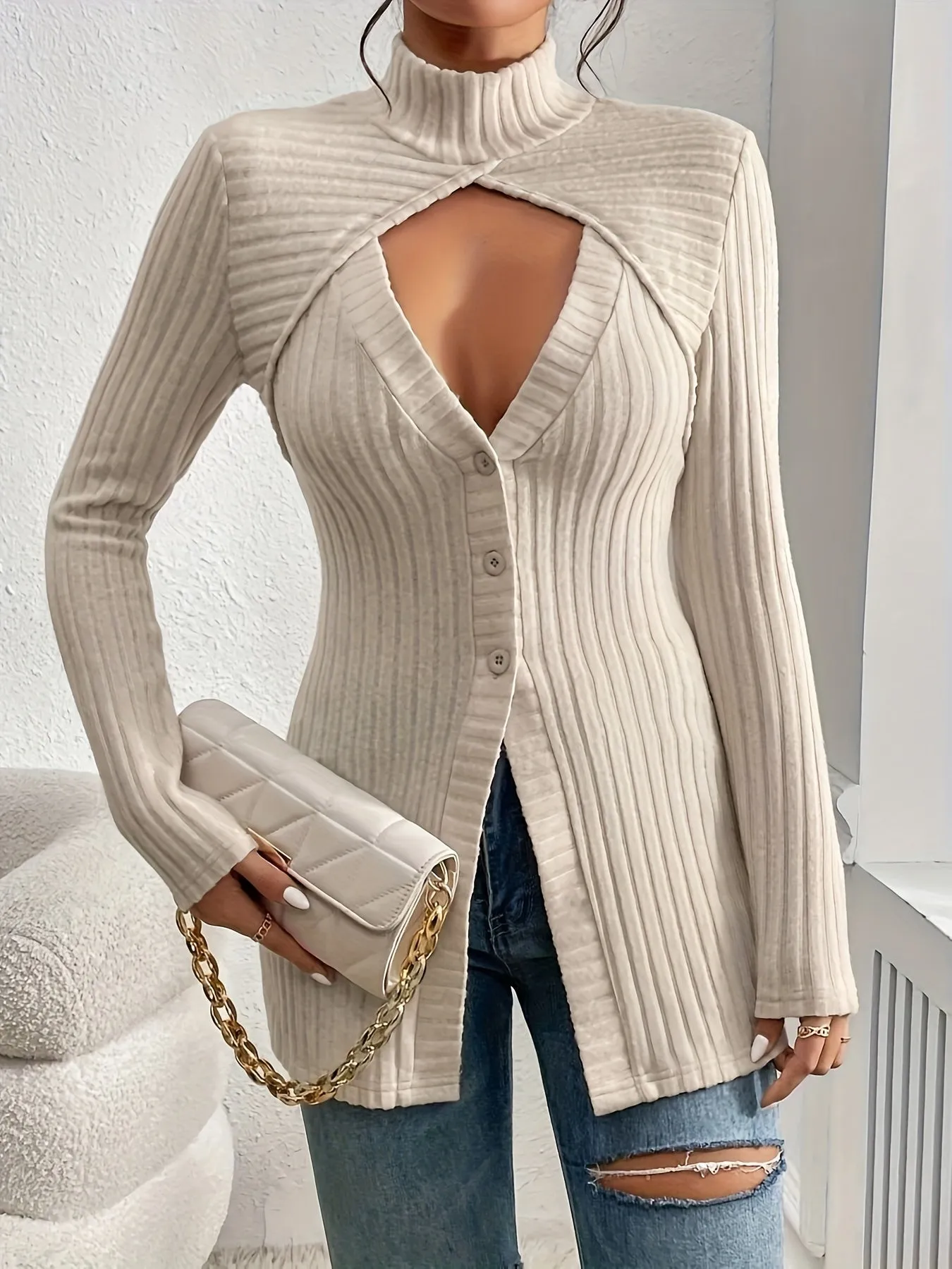 Casual Long Sleeve Ribbed T-Shirt