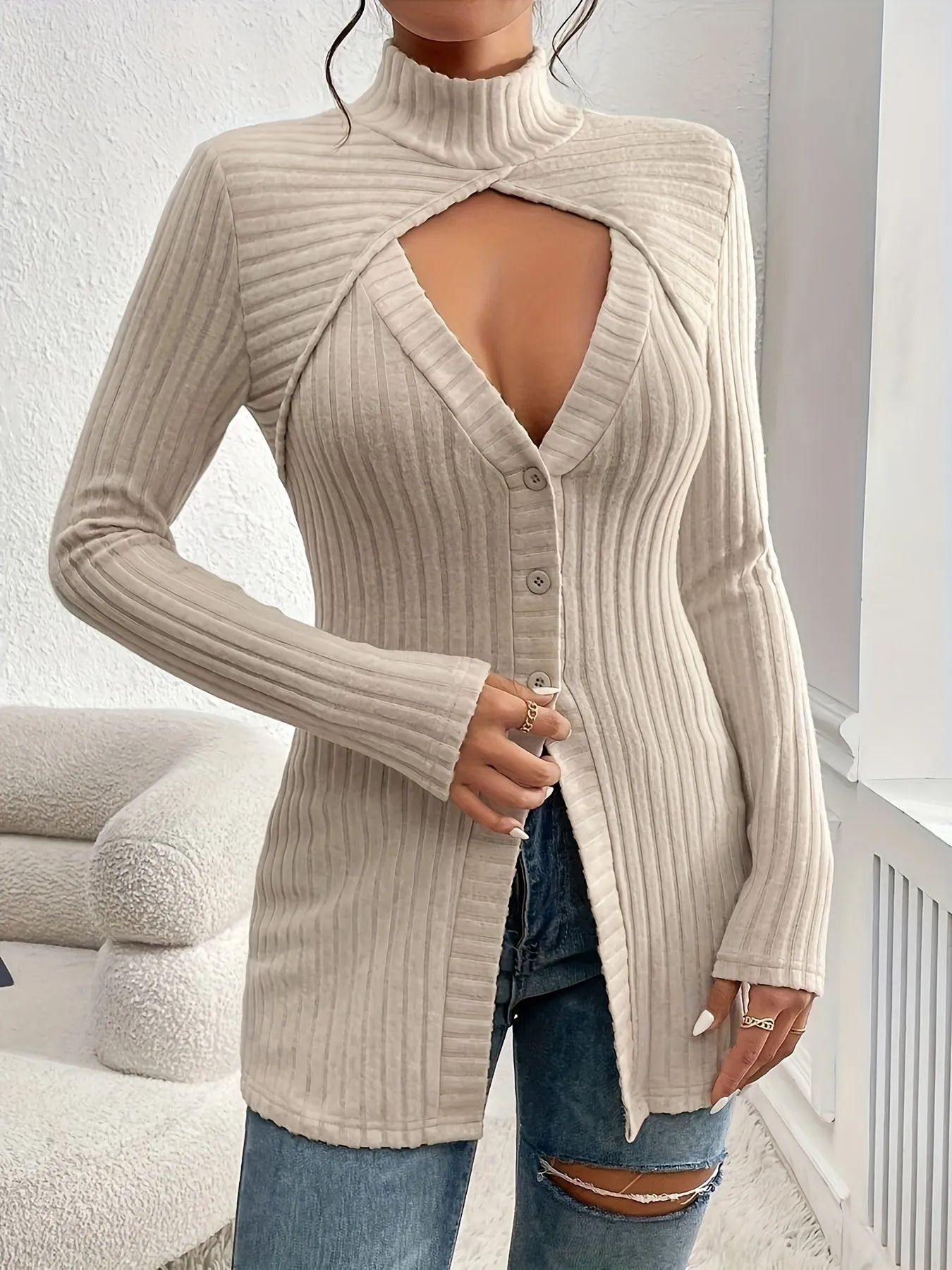 Casual Long Sleeve Ribbed T-Shirt