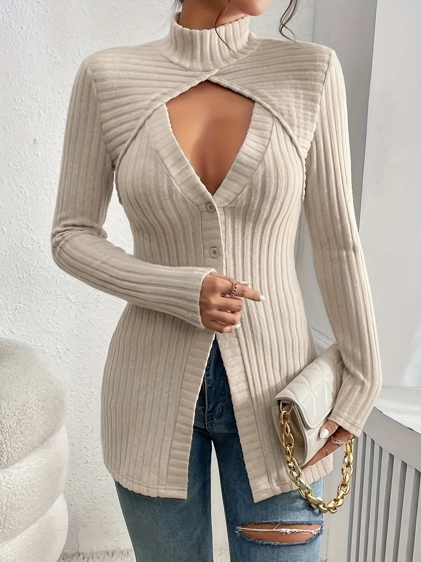 Casual Long Sleeve Ribbed T-Shirt