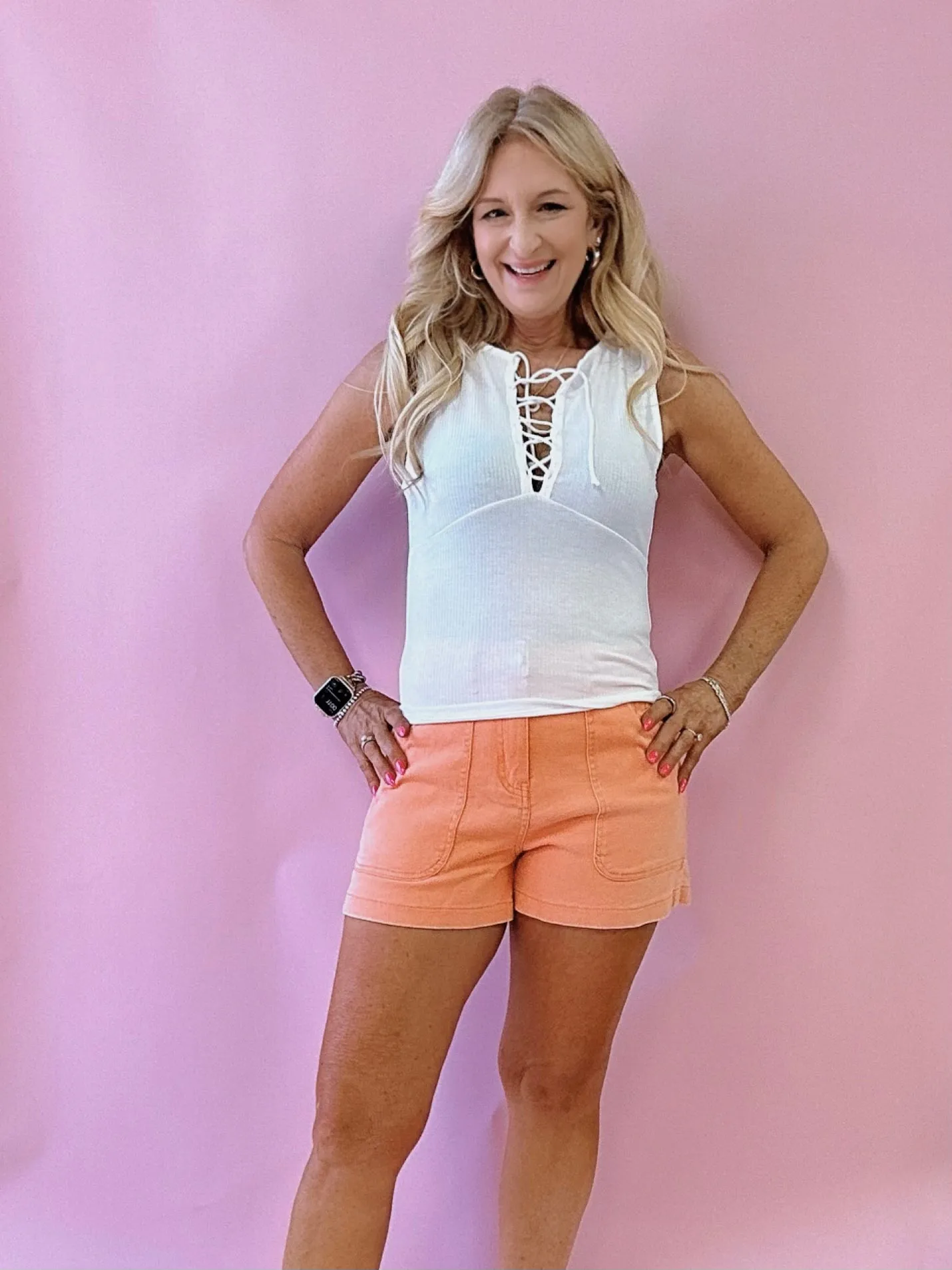 Chic Denim Trouser Style Shorts in Apricot