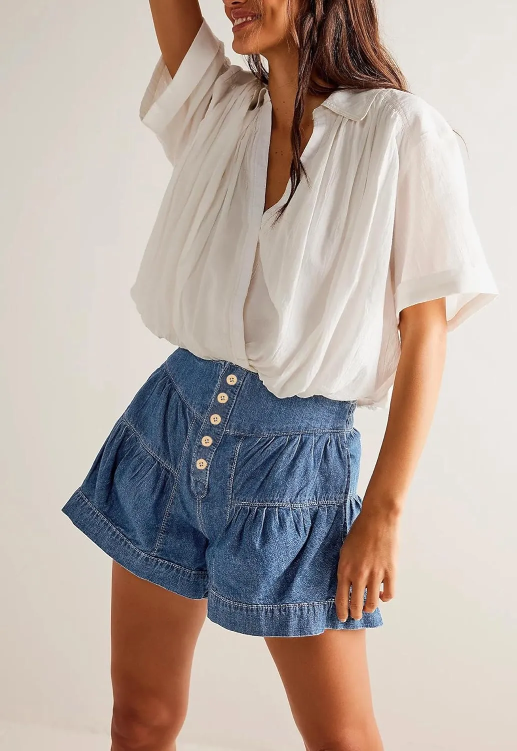 Cicy Bell Womens Summer Flowy Jean Shorts Button Up High Waisted Wide Leg Denim Skort with Pockets