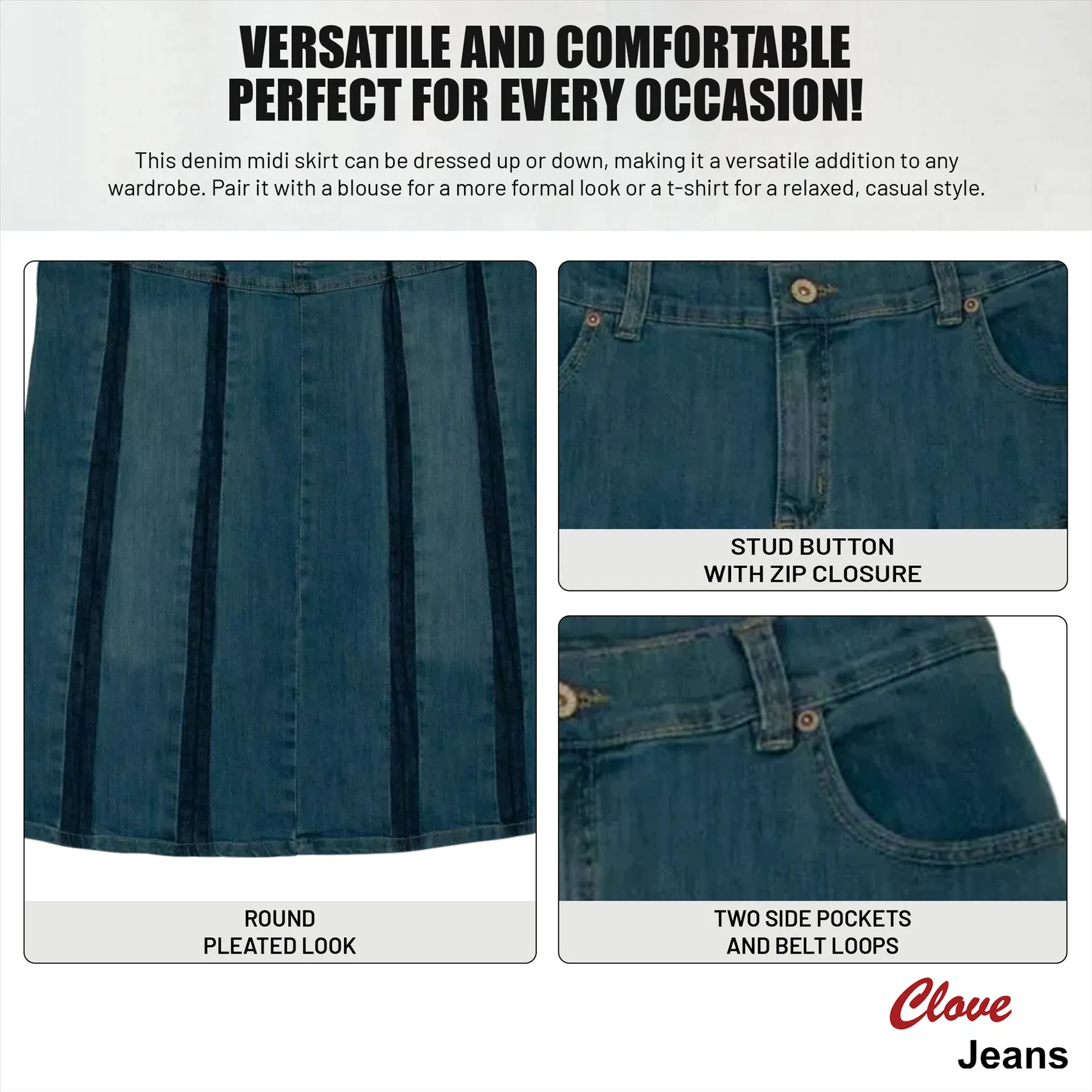 Clove Jeans Womens A Line Pleated Strech Blue Denim Midi Skirt Plus Size 14-24