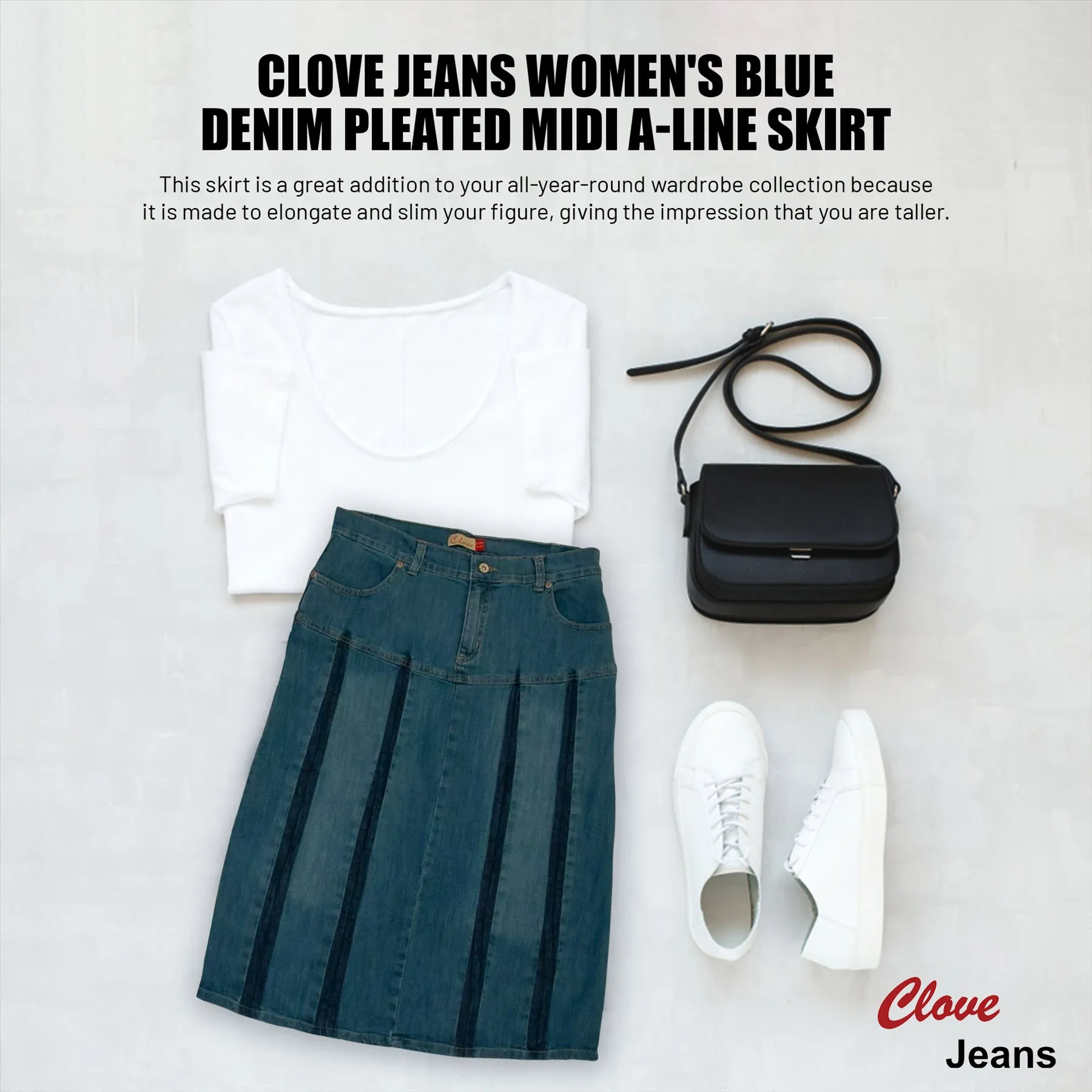 Clove Jeans Womens A Line Pleated Strech Blue Denim Midi Skirt Plus Size 14-24