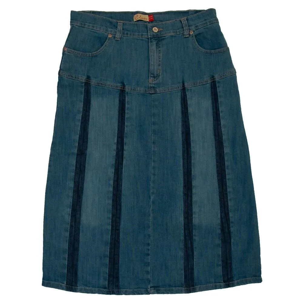 Clove Jeans Womens A Line Pleated Strech Blue Denim Midi Skirt Plus Size 14-24