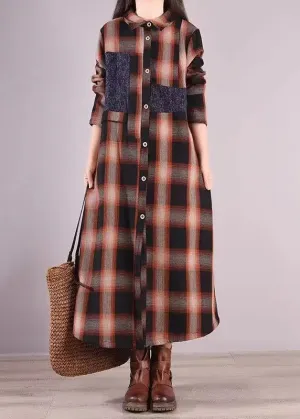 Coffee Plaid Warm Fleece Shirts Dresses Peter Pan Collar Button Fall ML0555