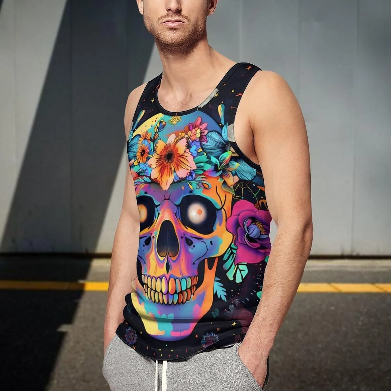 Colorful Skulls and Flowers Mens Tank Top Undershirt Sleeveless Gym Vest Workout T-Shirts