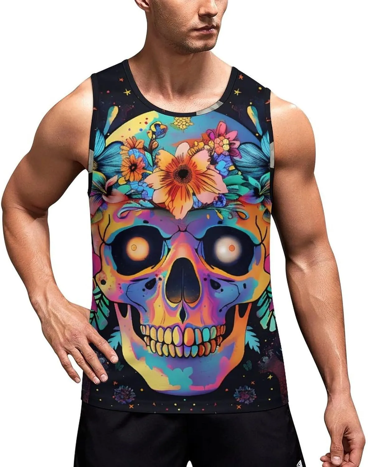 Colorful Skulls and Flowers Mens Tank Top Undershirt Sleeveless Gym Vest Workout T-Shirts