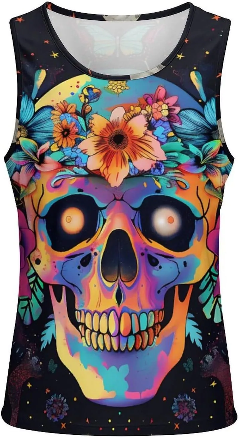 Colorful Skulls and Flowers Mens Tank Top Undershirt Sleeveless Gym Vest Workout T-Shirts