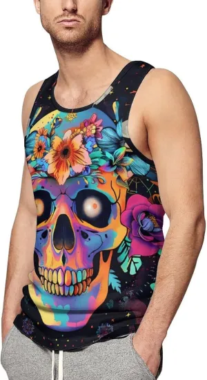 Colorful Skulls and Flowers Mens Tank Top Undershirt Sleeveless Gym Vest Workout T-Shirts