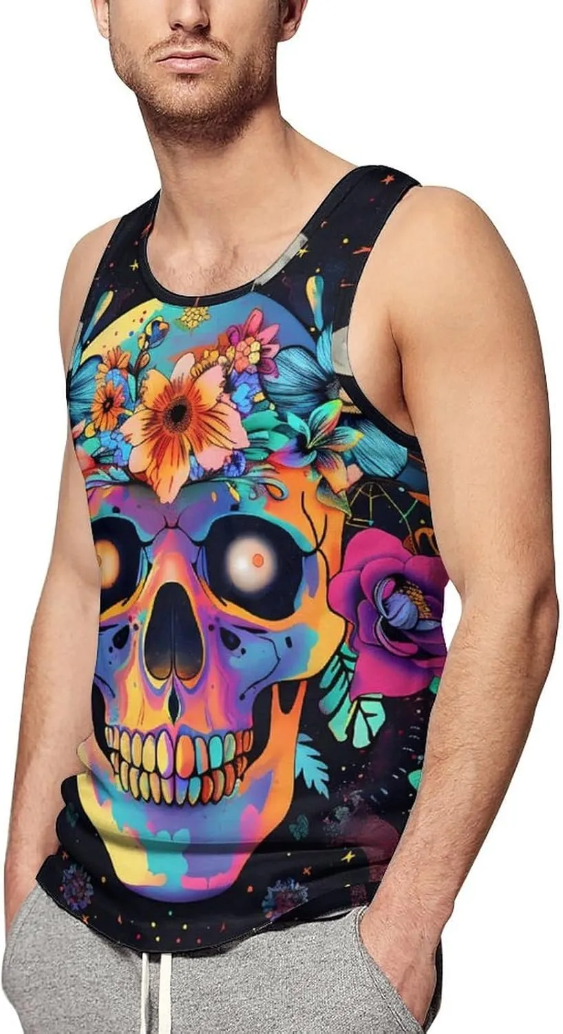 Colorful Skulls and Flowers Mens Tank Top Undershirt Sleeveless Gym Vest Workout T-Shirts