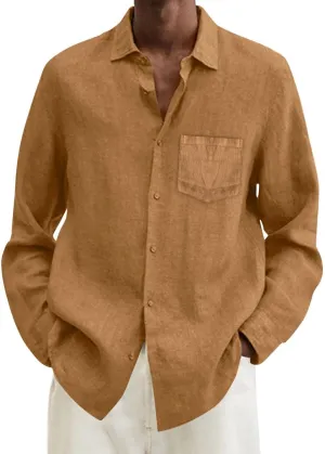 CRNTCEM Mens Button Down Long Sleeve Beach Shirts Casual Regular Fit Cotton Linen Shirts Lightweight Summer Holiday Blouses