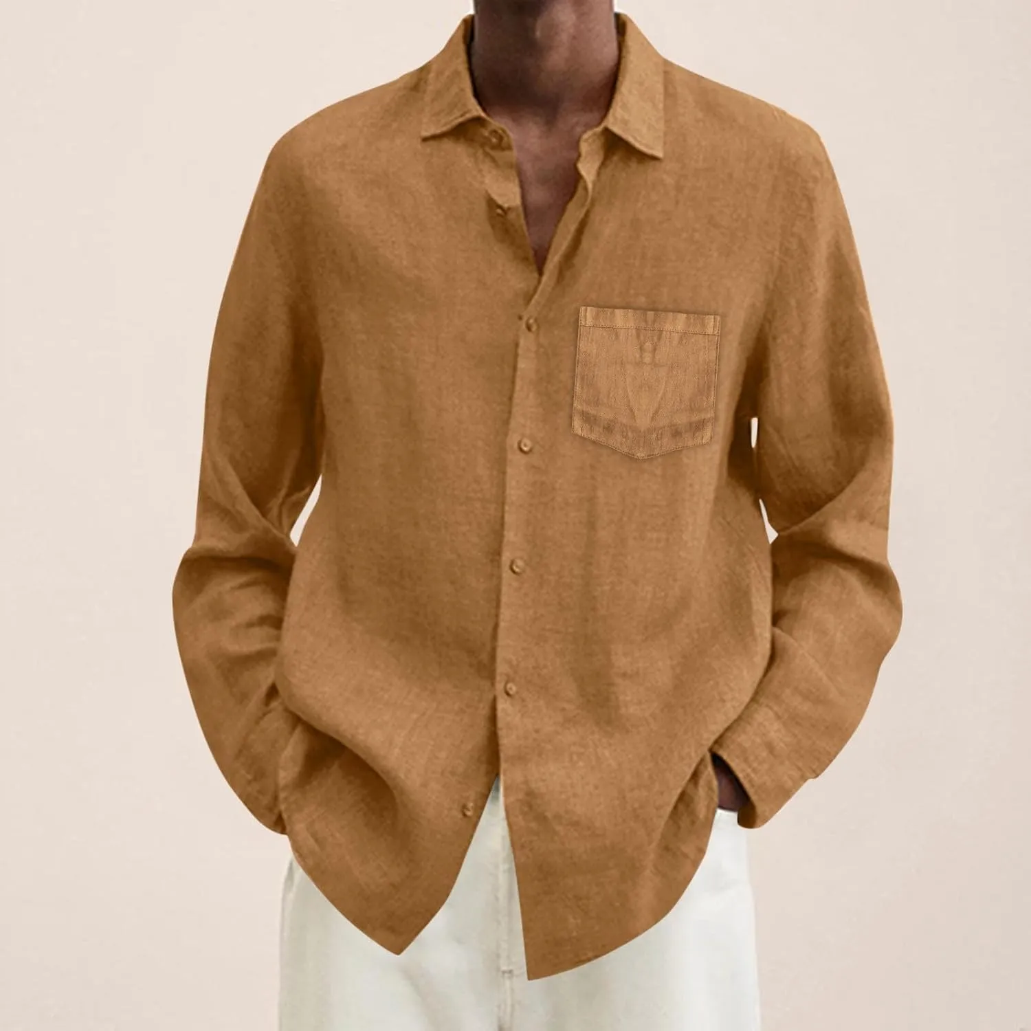 CRNTCEM Mens Button Down Long Sleeve Beach Shirts Casual Regular Fit Cotton Linen Shirts Lightweight Summer Holiday Blouses