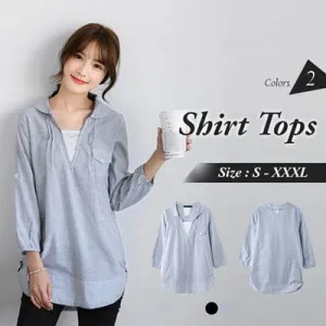 CROCHET LINED STRIPED SHIRT SMOCK TOPS