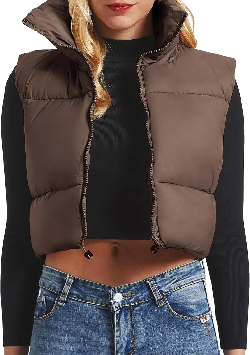 CULACCINO Women's Winter Cropped Puffer Vest Crop Jackets For Women Full Zip Stand Collar Padded Lightweight Outwear Vest