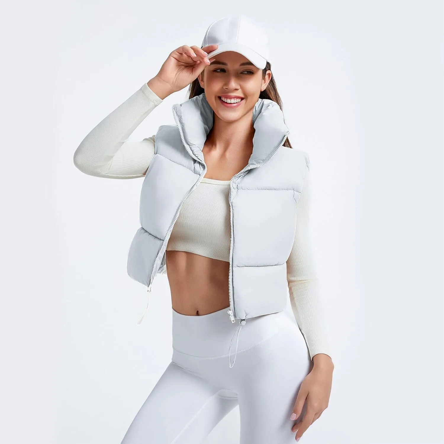 CULACCINO Women's Winter Cropped Puffer Vest Crop Jackets For Women Full Zip Stand Collar Padded Lightweight Outwear Vest