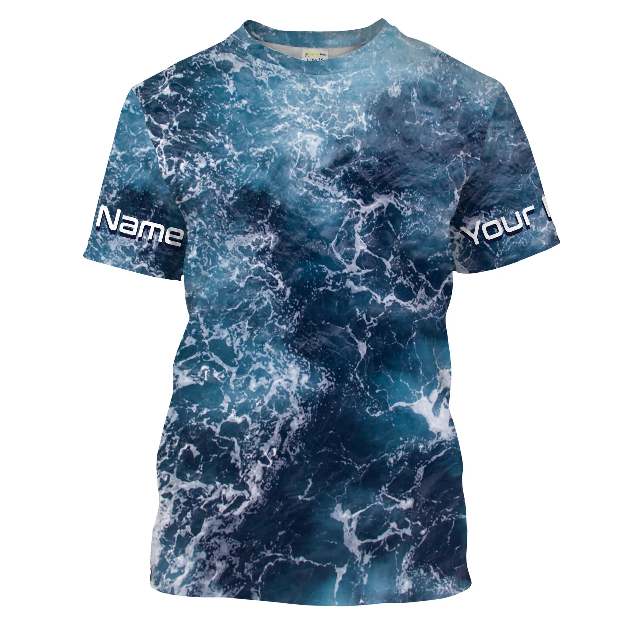 Custom Name Saltwater 3D Long Sleeve Fishing Shirts Uv Protection, Sea Wave Camo Fishing Shirts