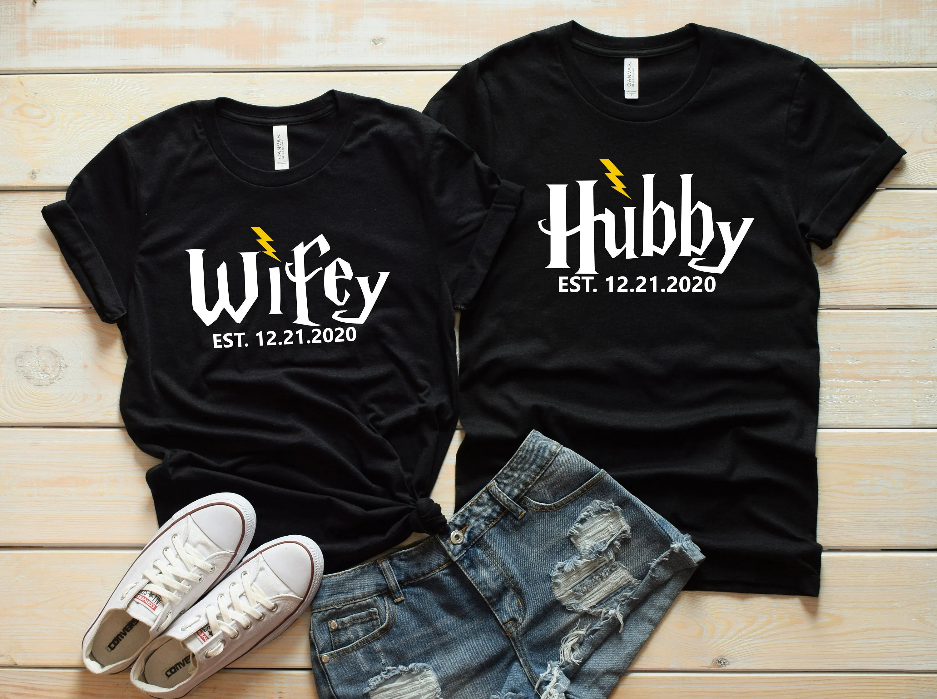 Custom Wifey and Hubby Matching Shirts - Bride and Groom Matching Shirts - Honeymoon T Shirts