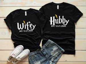 Custom Wifey and Hubby Matching Shirts - Bride and Groom Matching Shirts - Honeymoon T Shirts