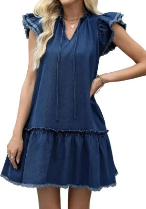 Denim Dress for Women Short Sleeve Jean Dress V Neck Drawstring Casual Mini Dresses with Pockets