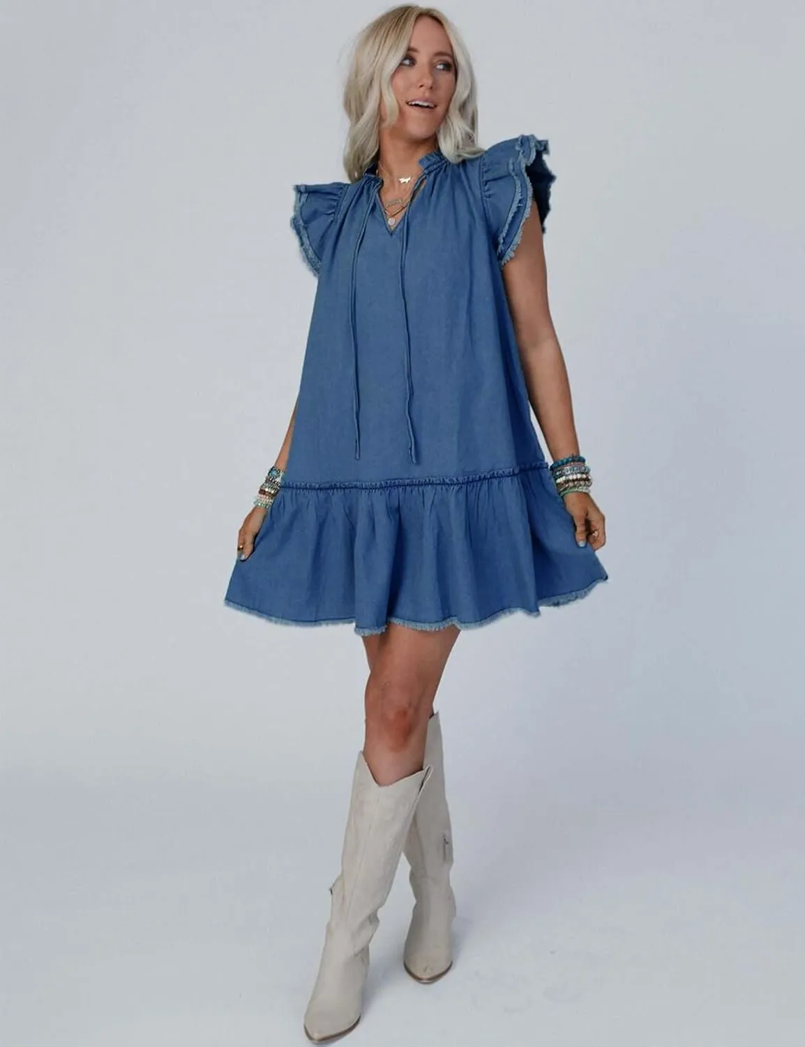 Denim Dress for Women Short Sleeve Jean Dress V Neck Drawstring Casual Mini Dresses with Pockets