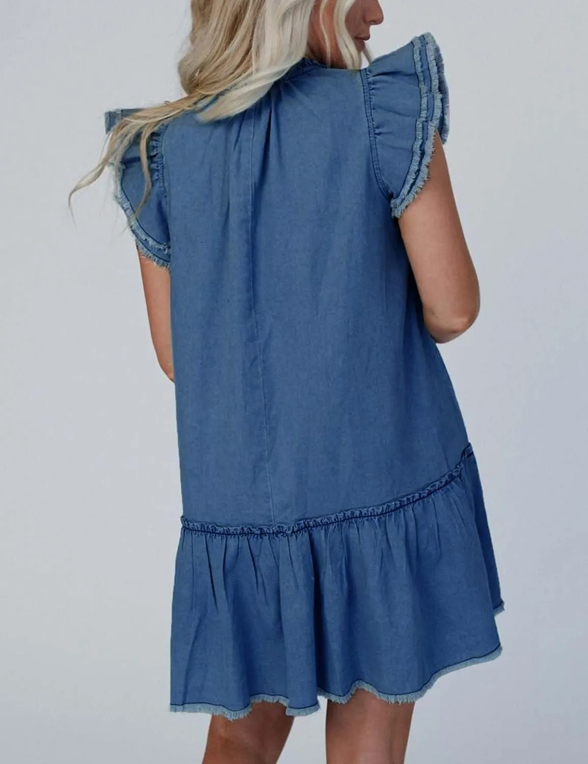 Denim Dress for Women Short Sleeve Jean Dress V Neck Drawstring Casual Mini Dresses with Pockets